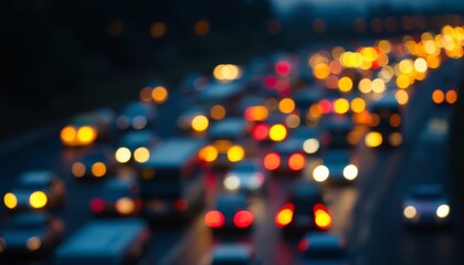 Abstract view of traffic jam at night with out of focus lights of moving cars