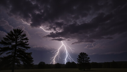 Dramatic lightning strike illuminating dark stormy sky with heavy clouds, showcasing nature's power