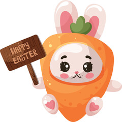 Happy easter. Cute bunny in carrot costume. Easter rabbit. Vector illustration for poster, banner, card, postcard.