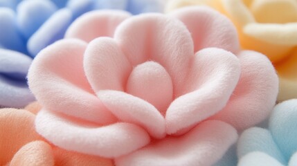 Plush Portulaca flowers in pastel colors, cute floral wallpaper, cotton fabric texture, delicate aesthetic effect