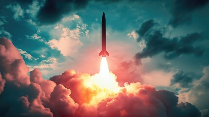 Flight of an intercontinental rocket between the clouds. Rocket in the sky. War, attack. Military rocket.