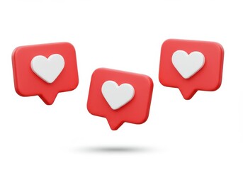 A 3D illustration of three red speech bubbles each containing a white heart in the center