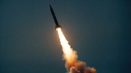 Intercontinental missile in the sky. Rocket in the sky. War, weapon, attack. Military rocket.