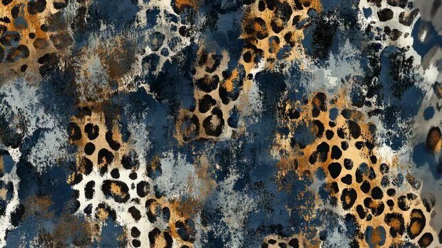 Bold leopard print pattern featuring dark blue and warm tones showcases modern textile design