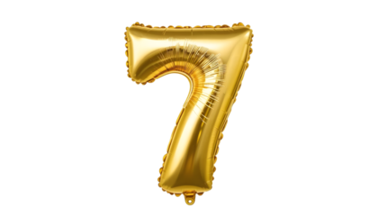 Gold number seven foil balloon on black.