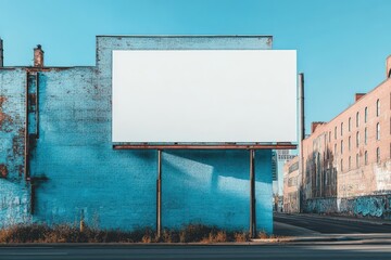 Obraz premium Empty Billboard on a Blue Wall with Urban Background in a Sunny Day, Perfect for Advertising and Marketing Campaigns Featuring Clear Space and Natural Light