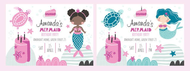 Vector set of children's birthday party invitation templates. Mermaid party. Kids party in sea style. Cute girl mermaid, shells, pink cake. Baby shower. Baby Girl. Happy Birthday card. Newborn party.