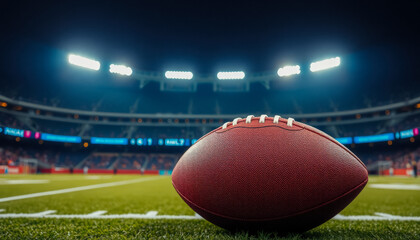 Football placed on a brightly lit field under stadium lights, symbolizing the energy and thrill of a championship game.
