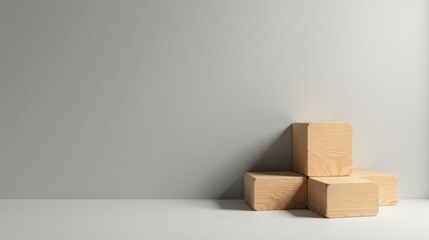 Minimalist wooden blocks arranged against a light gray wall, creating a simple yet elegant display
