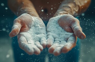 Fototapeta premium Hands covered in chalk dust prepare for a workout