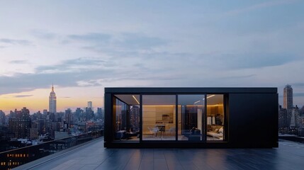 A modern, sleek rooftop structure with large windows overlooks a city skyline at sunset, showcasing urban architecture and breathtaking views.