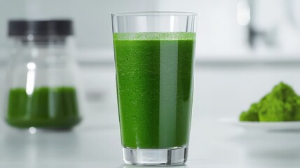 Green smoothie made with matcha powder stands on kitchen counter, promoting healthy eating and detox healthy eating preparation for menu, recipe and food blog copy space
