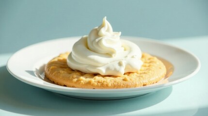 Creamy Whipped Topping on a Buttery, Golden-Brown Cookie, Served on a Simple White Plate in Soft Light