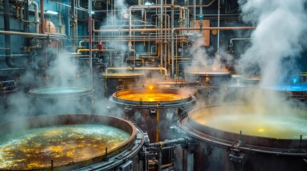 Industrial Chemical Tanks. Multiple heated industrial tanks with pipes and steam in chemical processing plant showcase manufacturing operations.