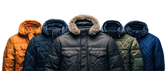 Stylish winter jackets in various colors, perfect for cold weather fashion. transparent background