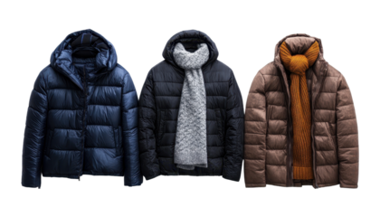 Stylish winter jackets in various colors, perfect for cold weather fashion. transparent background