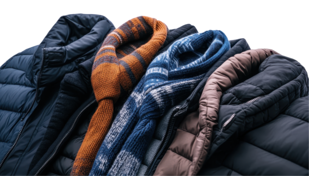 Stylish winter jackets and scarves arranged creatively for cold weather fashion. transparent background