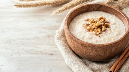 Oatmeal porridge topped with walnuts and cinnamon in wooden bowl on rustic table with wheat stalks food healthy eating concept