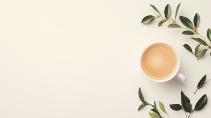Minimalist Flat Lay of Coffee Cup and Greenery on Neutral Background