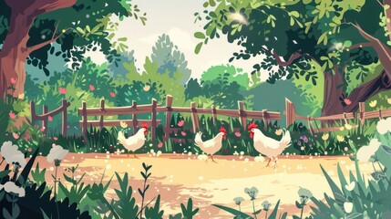 Native chickens pecking grains on an eco farm, surrounded by trees, flowers, and wooden fences, in a clean, modern flat design style
