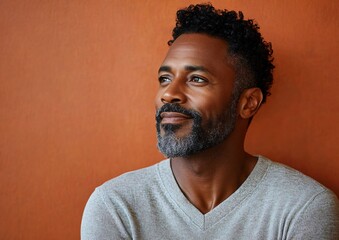 Obraz premium A reflective portrait of a middle-aged Black man in a light gray sweater, ideal for wellness campaigns, introspective articles, or mental health awareness promotions.