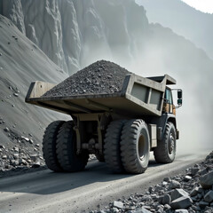Obraz premium Mining Dump Truck. Massive haul truck loaded with rocks traversing a mountain mining road against dramatic cliff face backdrop.
