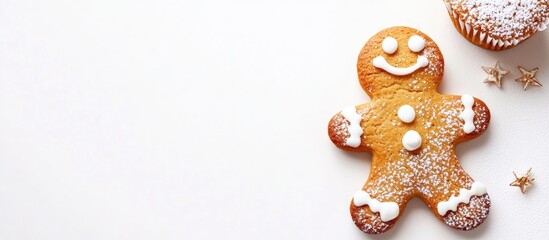 Fototapeta premium Gingerbread cookie with decorative icing and muffin on white background with copy space for text.