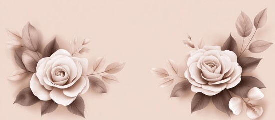 Vintage rose flower arrangement with delicate leaves on soft pink background, featuring ample copy space for text insertion.