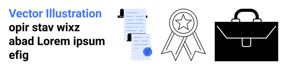 Checklist document with a blue checkmark, an achievement badge with a star, and a black briefcase. Ideal for productivity tools, business presentations, educational materials, success metrics