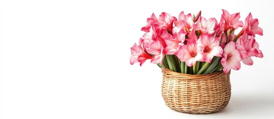 Obraz premium Pink amaryllis flowers in a woven basket with white background and ample copy space for text placement
