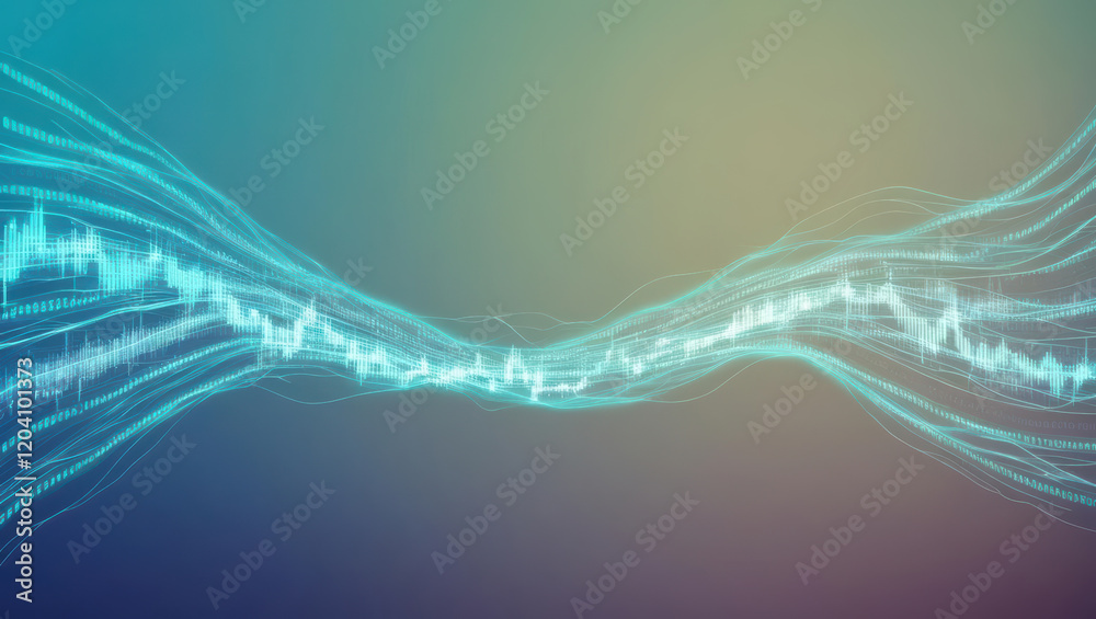 Poster gradient background featuring glowing fluctuating transaction logs creates dynamic visual