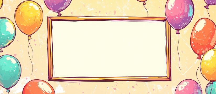 Colorful balloon border with empty frame and copy space for celebrations or invitations on textured background
