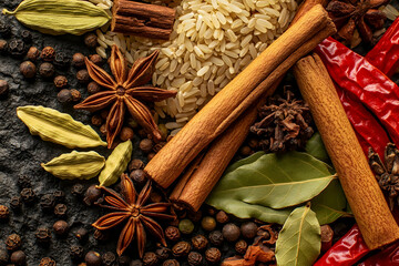 Assorted Indian spices and herbs arranged on a dark textured surface