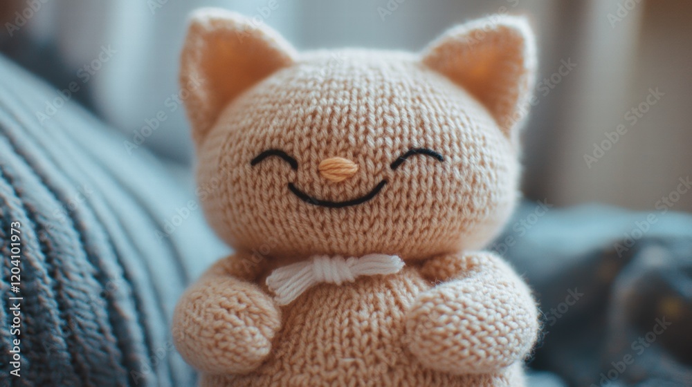 Poster cute handmade knitted cat doll with a cheerful expression resting on a cozy blanket indoors during a