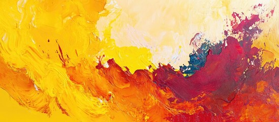 Abstract colorful painting with vibrant yellow, orange, and red hues, featuring dynamic brush strokes and copy space for text placement.