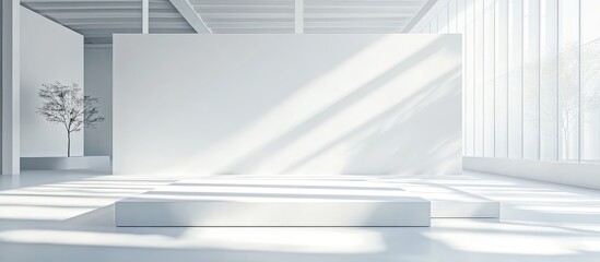 Minimalist interior space with large windows, empty white walls, and natural light illuminating the area, Copy Space available.