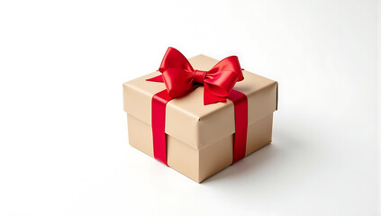 Fototapeta premium Wrapped gift box with a red ribbon on a clean white background, symbolizing celebration, surprises, and special occasions, perfect for holiday, event, or festive designs