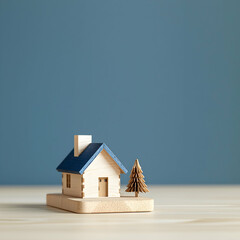 Classic wooden home model on a light oak table, solid indigo background