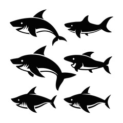 Six Silhouettes of Sharks in Various Poses 