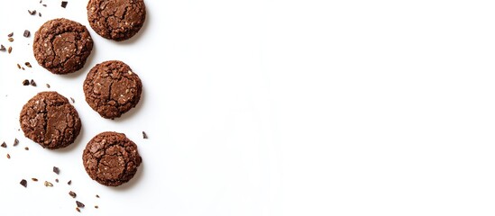 Chocolate cookies on a white background with scattered crumbs and copy space for text placement