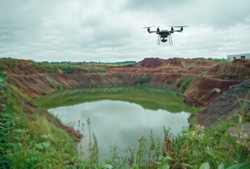 Fototapeta premium Quarry Lake Drone Shot. Aerial view of an abandoned quarry filled with turquoise water, surrounded by red-brown earth formations and green vegetation, with a drone visible in the sky.