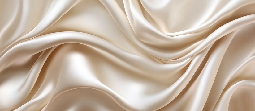 Smooth luxurious beige satin fabric texture folds with soft light reflections and shadows Copy Space