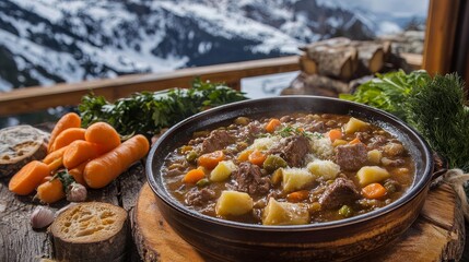 Savory Andorran Escudella Stew on Rustic Table with Hearty Vegetables Against Alpine Backdrop