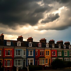 Fototapeta premium Colorful houses under a dramatic sky. (1)