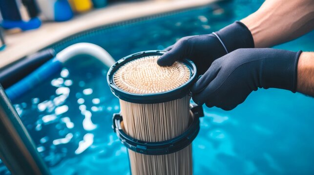 Pool Filter Maintenance. Close-up of hands wearing black nitrile gloves handling a cartridge pool filter against turquoise pool water background.