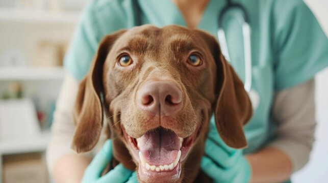 Professional veterinarian examining and checking up Weimaraner dog with medical instruments in clinic