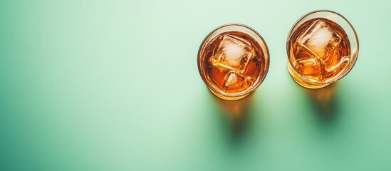 Fototapeta premium Two glasses of amber-colored whiskey with ice on a mint green background with copy space for text.