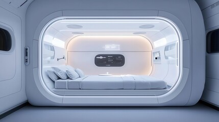 Sleep pod styled with futuristic metallic panels, set in a fivestar space hotel