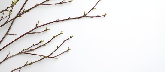 Fototapeta premium Minimalist composition of bare branches with new buds against a white background featuring ample copy space.