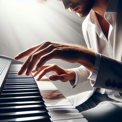 Musician with Keyboard A pianist lightly touches piano keys read
